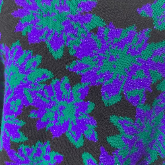 Vintage 90s Black Blue Floral Print High Neck Pull Over Sweater Medium - Picture 4 of 7